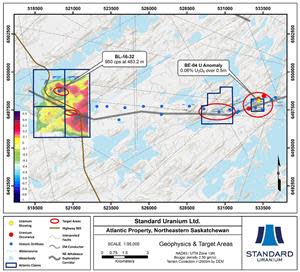 Figure 2. Plan map highlighting the 2022 ground gravity survey completed on the Atlantic Project. General drill target areas are circled in red. Anomalous uranium, historical drilling, and the local EM exploration trend are also displayed.