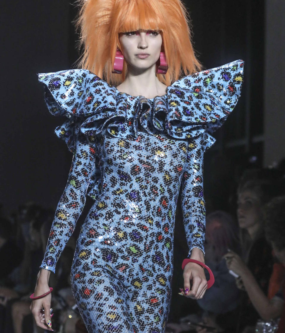 The latest fashion creation from Jeremy Scott is modeled during New York's Fashion Week, Friday, Sept. 6, 2019. (AP Photo/Bebeto Matthews)