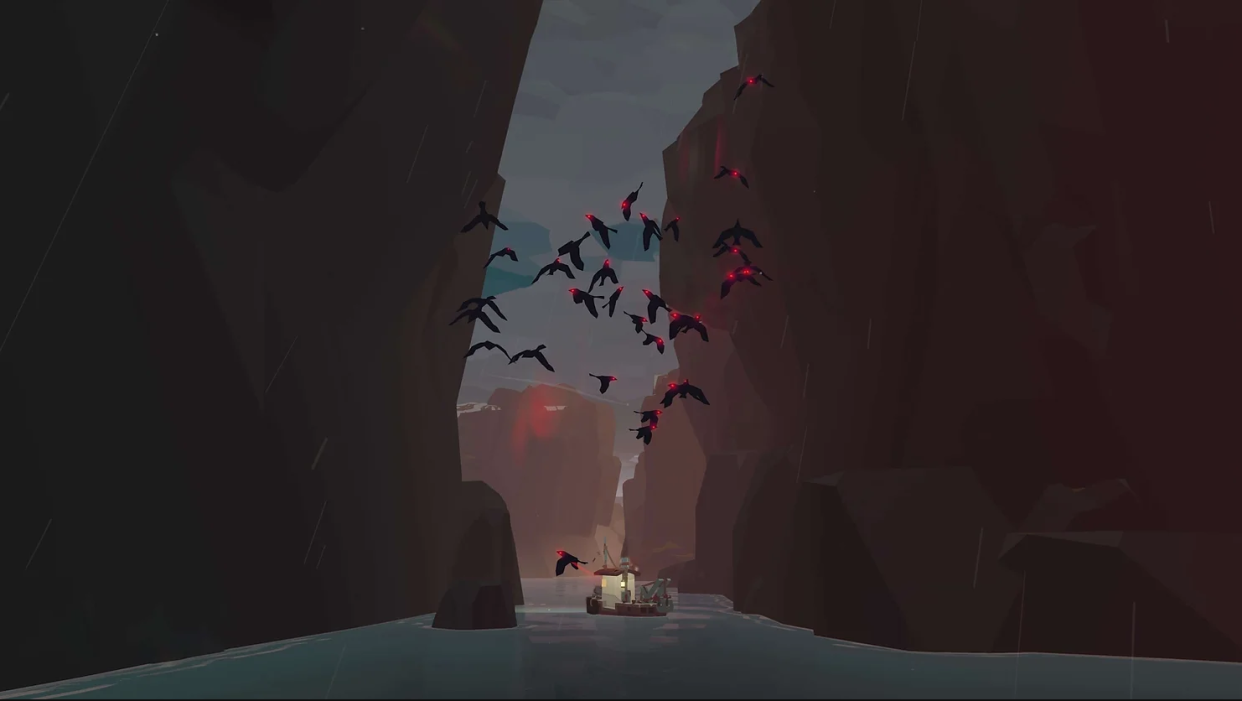  A screenshot of the game Dredge. A boat sits floating between two cliffs as ravens with glowing red eyes fly by. 