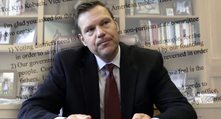 Kris Kobach (Yahoo News photo illustration; photos: Orlin Wagner/AP, White House)