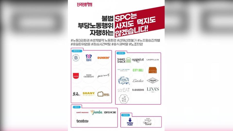 韓國網友整理了SPC集團旗下品牌，呼籲民眾齊心抵制。（圖／翻攝自@avecalice推特）