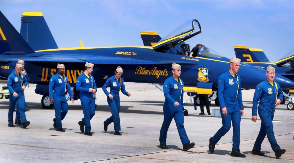 The pilots for the U.S. Navy Blue Angels, a flight demonstration squadron arrive at the Smyrna Airport on Thursday, June 8, 2023, as they prepare for The Great Tennessee Air Show that will take place Saturday and Sunday. 