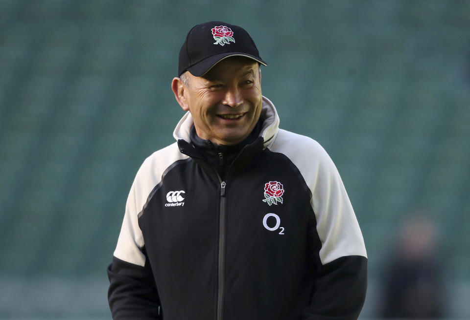 England rugby head coach Eddie Jones looks on during a team training session at Twickenham Stadium in London, Friday Nov. 2, 2018. England face South Africa upcoming Saturday, in the first of four autumn internationals to be played by England. (Adam Davy/PA via AP)