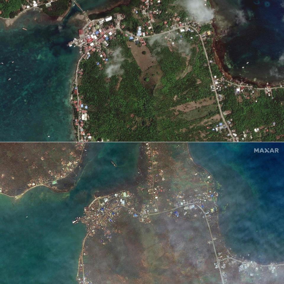 The island before (above) and after Hurricane Iota hit - AFP