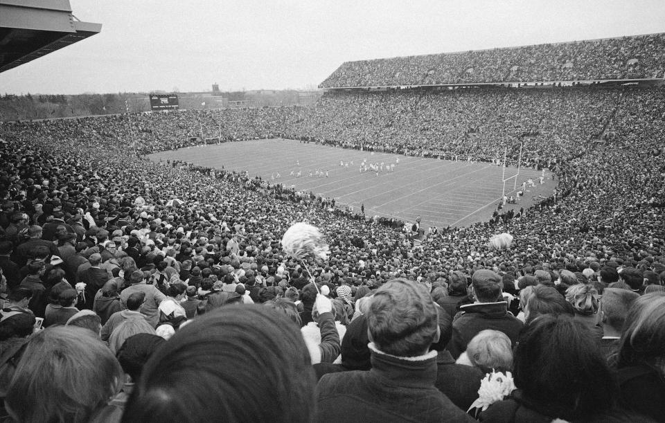 Nov. 19, 1966: An overflow crowd, estimated at more than 80,000, watch the Michigan State against Notre Dame college football game in East Lansing.