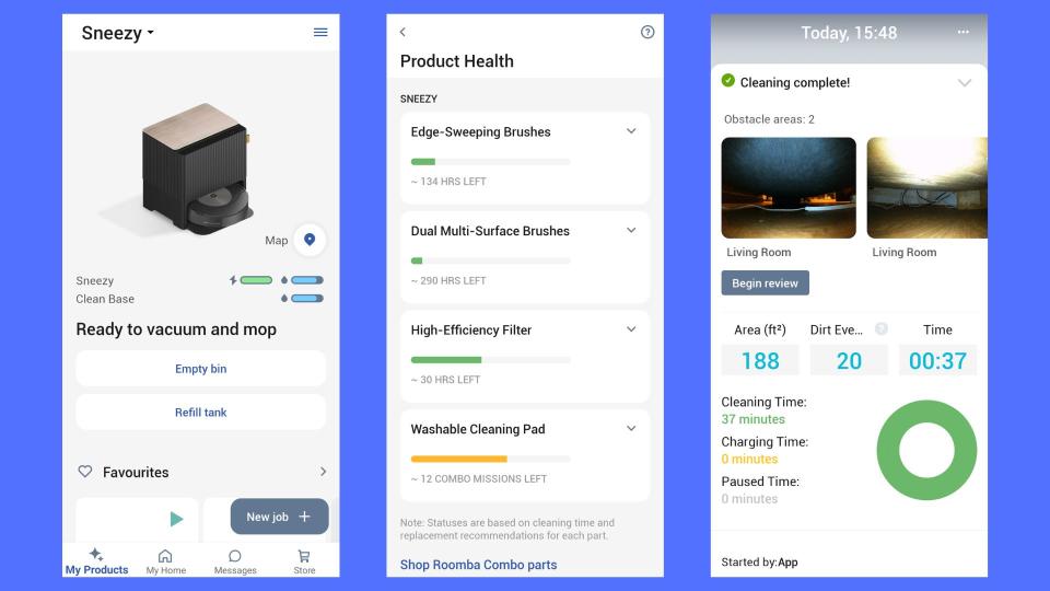 The iRobot app showing the robot vacuum's health, its cleaning stats and the main page