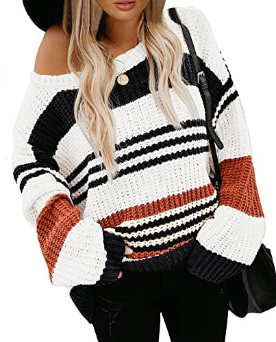 KIRUNDO 2022 Fall Winter Women’s Striped Color Block Short Sweater Long Sleeve Crew Neck Casual Loose Knit Pullover Tops(Large, 1977-Orange)