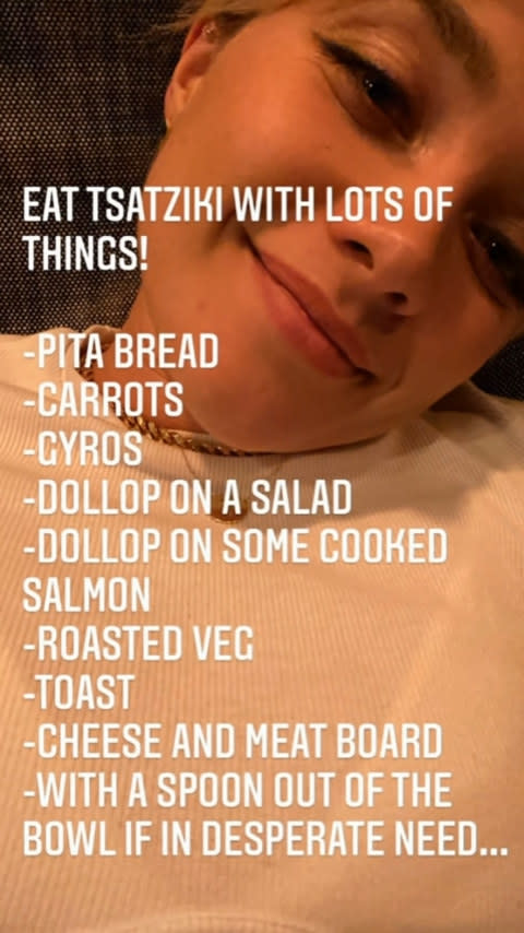 florence pugh's suggested pairings with tzatziki, which include pita bread, carrots, gyros, salad, salmon, roasted veggies, toast, and a cheese and meat board
