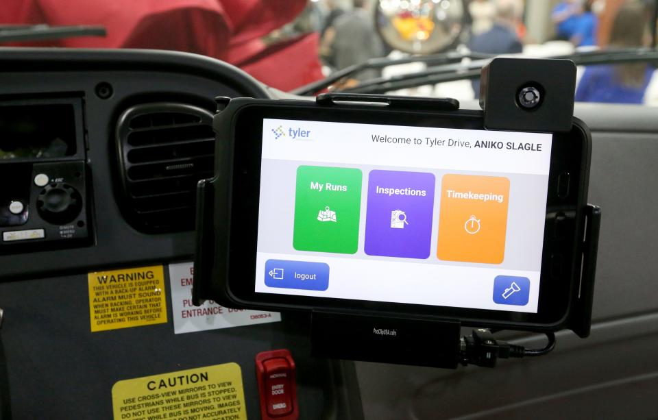 An electronic student tracking system from Tyler Technologies is seen in one of the two new electric school buses Friday, Jan. 27, 2023, at the South Bend school district’s bus facility on Bendix Drive in South Bend.