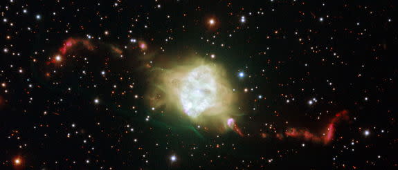 This ESO Very Large Telescope image shows the planetary nebula Fleming 1 in the constellation of Centaurus (The Centaur). New observations suggest that a very rare pair of white dwarf stars lies at the heart of this object, with their orbital m