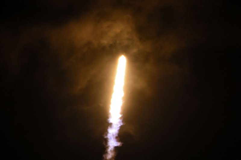 The Falcon 9 rocket used in Friday's Starlink launch separated from the rest of the spacecraft and landed on a drone ship about 8 minutes after liftoff. Photo by Joe Marino/UPI