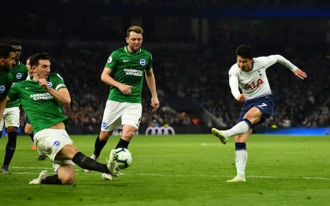 Soccer Football - Premier League - Tottenham Hotspur v Brighton & Hove Albion - Tottenham Hotspur Stadium, London, Britain - April 23, 2019 Tottenham's Son Heung-min shoots at goal REUTERS/Dylan Martinez EDITORIAL USE ONLY. No use with unauthorized audio, video, data, fixture lists, club/league logos or "live" services. Online in-match use limited to 75 images, no video emulation. No use in betting, games or single club/league/player publications. Please contact your account representative for further details - Credit: REUTERS