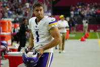 Minnesota Vikings kicker Greg Joseph (1) walks to the sidelines after missing a game-winning field goal attempt against the Arizona Cardinals after an NFL football game, Sunday, Sept. 19, 2021, in Glendale, Ariz. The Cardinals won 34-33. (AP Photo/Rick Scuteri)