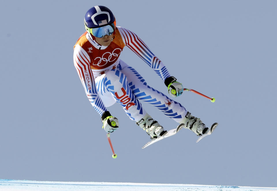 Lindsey Vonn competes in the women’s combined downhill at the 2018 Winter Olympics in Jeongseon, South Korea, Thursday, Feb. 22, 2018. (AP)