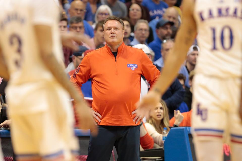 Kansas coach Bill Self looks towards his players during the first half of Saturday's game against Texas inside Allen Fieldhouse.