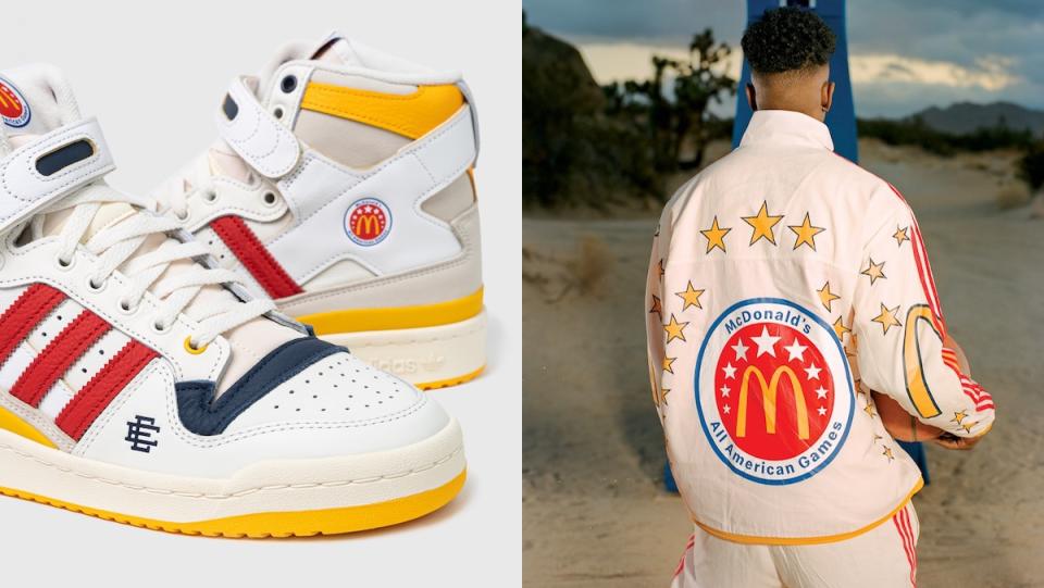 Adidas' McDonald's All American sneakers next to a photo of a man wearing the same apparel jumpsuit