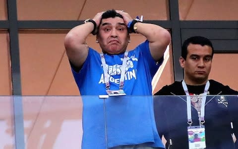 Maradona puts his hands on his head after Argentina lost to Croatia - Credit: Chris Brunskill/Fantasista