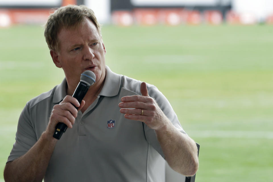 FILE - In this Aug. 17, 2017, file photo, NFL Commissioner Roger Goodell answers questions during a season ticket member fan forum before practice at the Cleveland Browns NFL football team's training camp facility in Berea, Ohio. Several NFL teams are reopening their training facilities Tuesday, May 19, 2020, while many are prohibited by government restrictions during the coronavirus pandemic. Commissioner Roger Goodell gave the 32 clubs the go-ahead for limited reopenings as long as state and local municipalities allow them. (AP Photo/Tony Dejak, File)