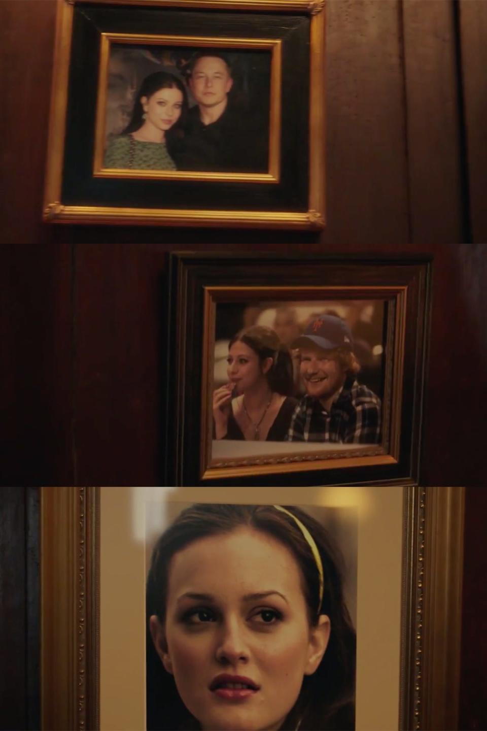 Framed photos of Michelle Trachtenberg's "Gossip Girl" character, Georgina, with Elon Musk and Ed Sheeran, along with a photo of Leighton Meester as Blair Waldorf.