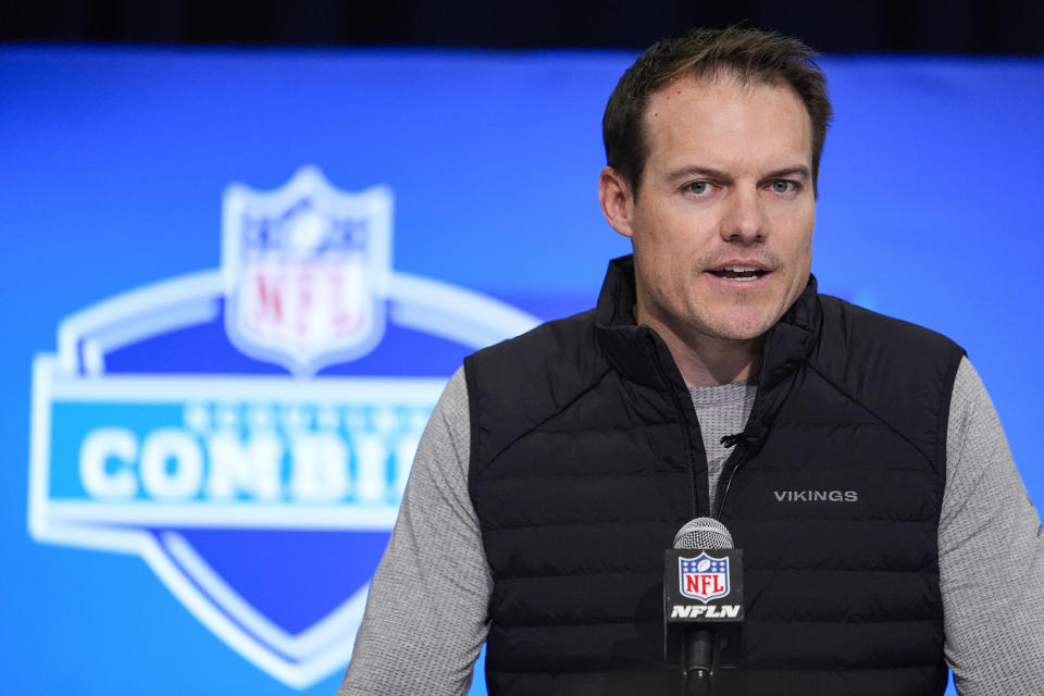 Minnesota Vikings head coach Kevin O'Connell speaks during a press conference at the NFL football scouting combine in Indianapolis, Tuesday, Feb. 27, 2024. (AP Photo/Michael Conroy)
