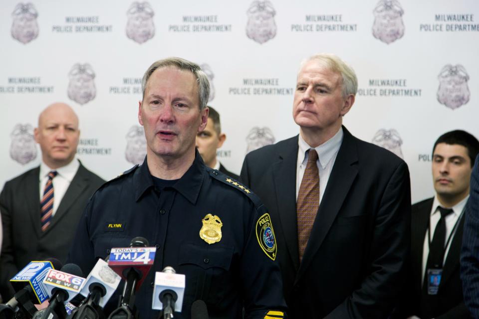 Milwaukee Police Chief Edward Flynn speaks at a news conference for the 300-year-old Stradivarius violin that was taken from the Milwaukee Symphony Orchestra's concertmaster in an armed robbery after it was recently recovered, in Milwaukee, Wisconsin February, 6, 2014. The Stradivarius violin worth millions of dollars, which was stolen from a concert violinist in an armed robbery last week, has been recovered from a suitcase in the attic of a Milwaukee house, law enforcement officials said on Thursday. REUTERS/Darren Hauck (UNITED STATES - Tags: CRIME LAW ENTERTAINMENT SOCIETY)