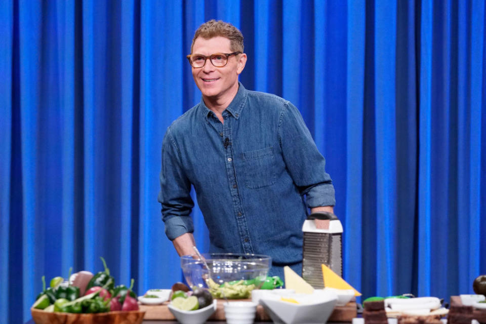 Bobby Flay cooking during a Late Night segment