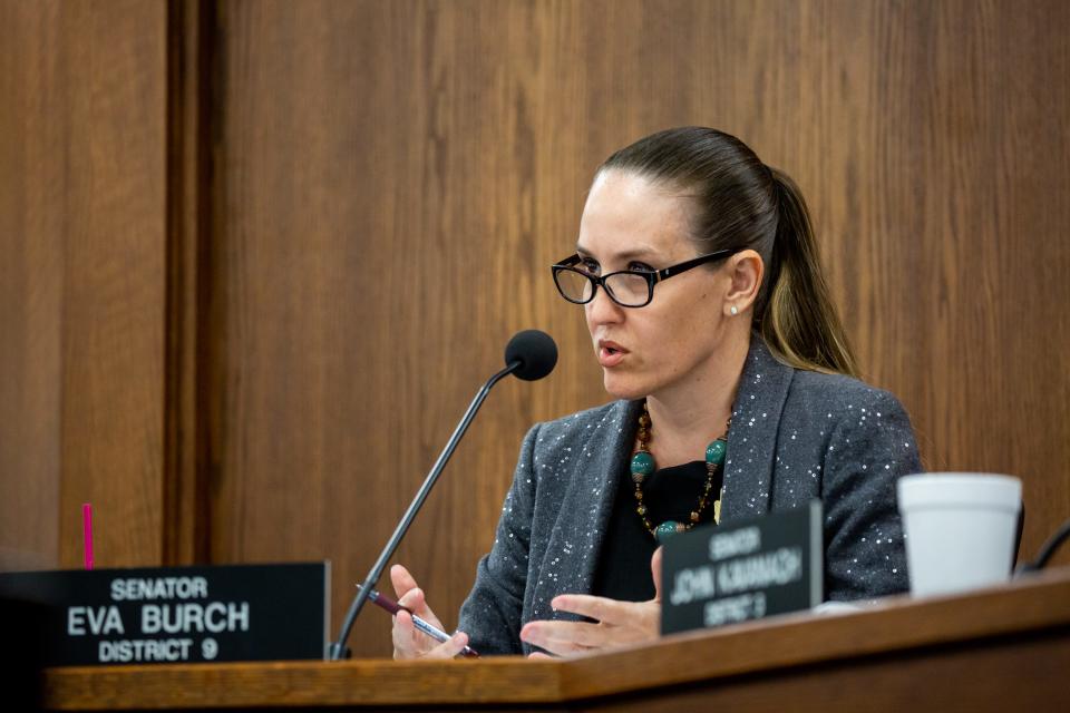 Sen. Eva Burch speaks during a Senate Committee of Director Nominations hearing at the Arizona State Senate in Phoenix on June 6, 2023.