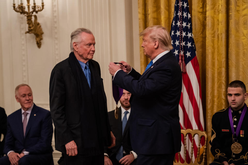 WASHINGTON, DC - NOVEMBER 21: President Donald J. Trump awards the National Medal of Arts to actor Jon Voight in the East Room at the White House on Thursday, November 21, 2019, in Washington, D.C. (Photo by Salwan Georges/The Washington Post via Getty Images)