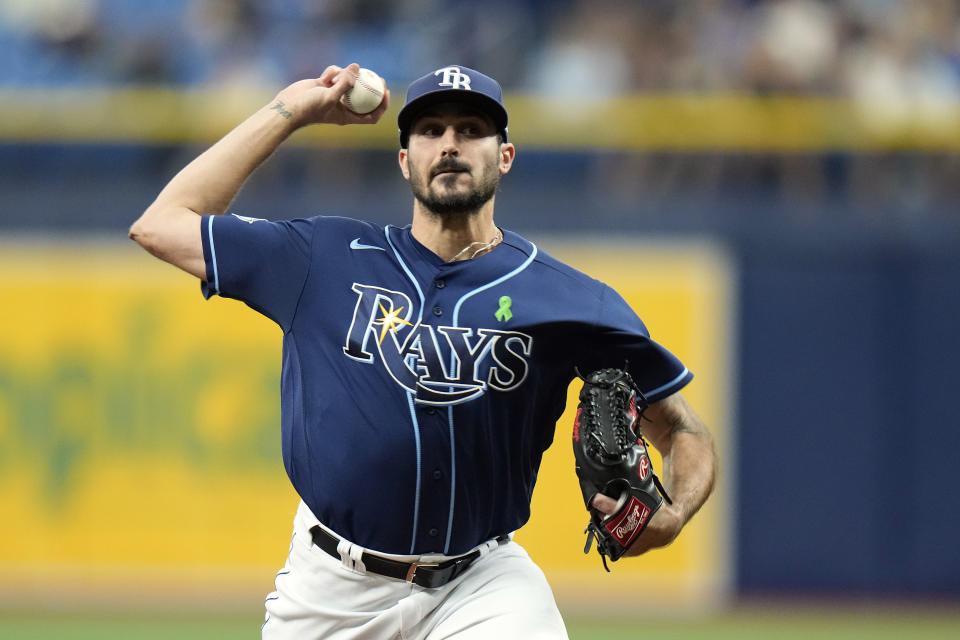 Tampa Bay Rays starting pitcher Zach Eflin delivers to the Pittsburgh Pirates during the first inning of a baseball game Thursday, May 4, 2023, in St. Petersburg, Fla. (AP Photo/Chris O'Meara)