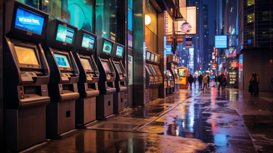 An array of ATM's in a bustling city, indicative of the company's banking services.