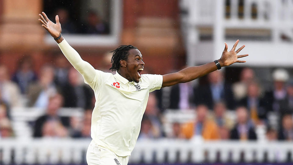 England paceman Jofra Archer celebrates a wicket for England at Lord's.