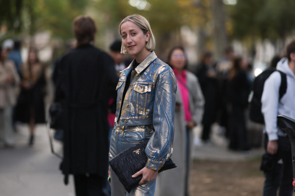 PARIS, FRANCE - SEPTEMBER 28: Lea Juelicher seen wearing a ganni look and a prada bag, outside Acne Studios during Paris Fashion Week on September 28, 2022 in Paris, France. 
