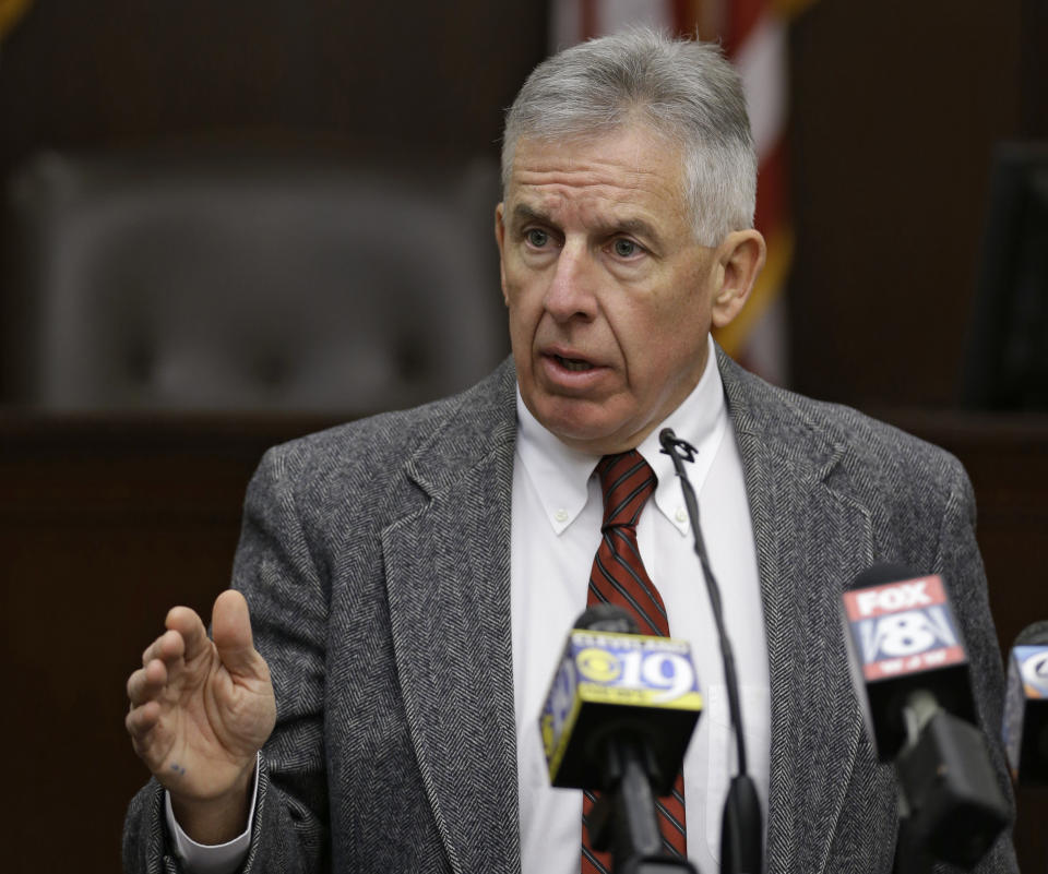 FILE - In this Dec. 16, 2015 photo, Cuyahoga County Prosecutor Timothy J. McGinty speaks at a news conference, in Cleveland. Cuyahoga County voters replaced prosecutor Tim McGinty for his response to the 2014 killing of 12-year-old Tamir Rice by a Cleveland police officer. Voters concerned with the killing of unarmed black people by police have made their voices heard from Ferguson to Cleveland to Chicago. (AP Photo/Tony Dejak, File)