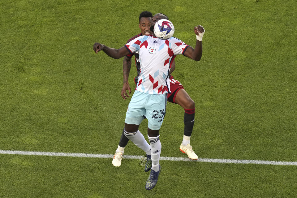 Chicago Fire's Kei Kamara controls the ball in front of Toronto FC's Mark-Anthony Kaye during the first half of an MLS soccer match Wednesday, May 31, 2023, in Toronto. (Chris Young/The Canadian Press via AP)