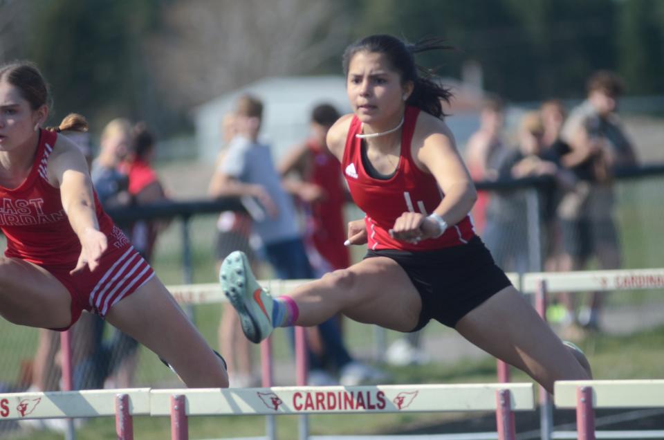 Rosalinda Gascho competes in the 100 meter hurdles during the Johannesburg-Lewiston Invite on Tuesday, May 9.