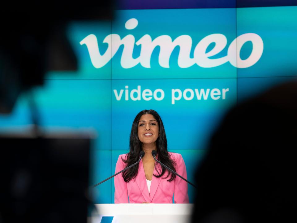 Anjali Sud, CEO of Vimeo, speaks during the company's direct listing on Nasdaq, Tuesday, May 25, 2021, in New York. The online video and software company is a spinoff from IAC.