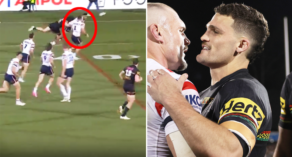 Nathan Cleary's masterclass inspired Penrith but the Roosters were filthy about a controversial  forward pass call that went against them. Pic: Fox League/Getty