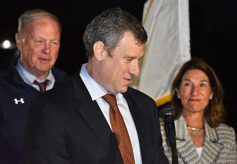 Jamey Tesler, Secretary of Transportation and CEO Massachusetts Department of Transportation, speaks at the lighting of the Braga Bridge in Fall River Tuesday night.