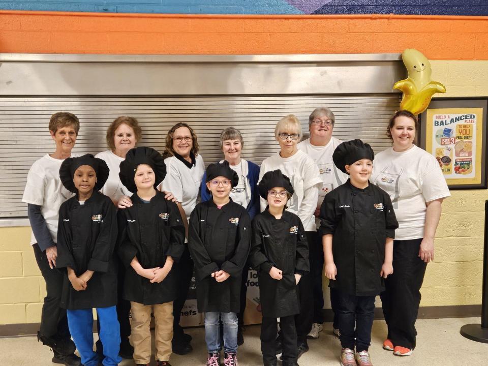 Sodexo food service staff served as mentors to the competitors. Shown are: Noah King with Cathy Gregurich; Braden Daley with Barb Pifer; Emma Mirshak with Carmen Craanen and Deb Pillarelli; Rowan Strong with Becky Coots; and Alexis Richardson with Deb Miller and Amy Volpi.