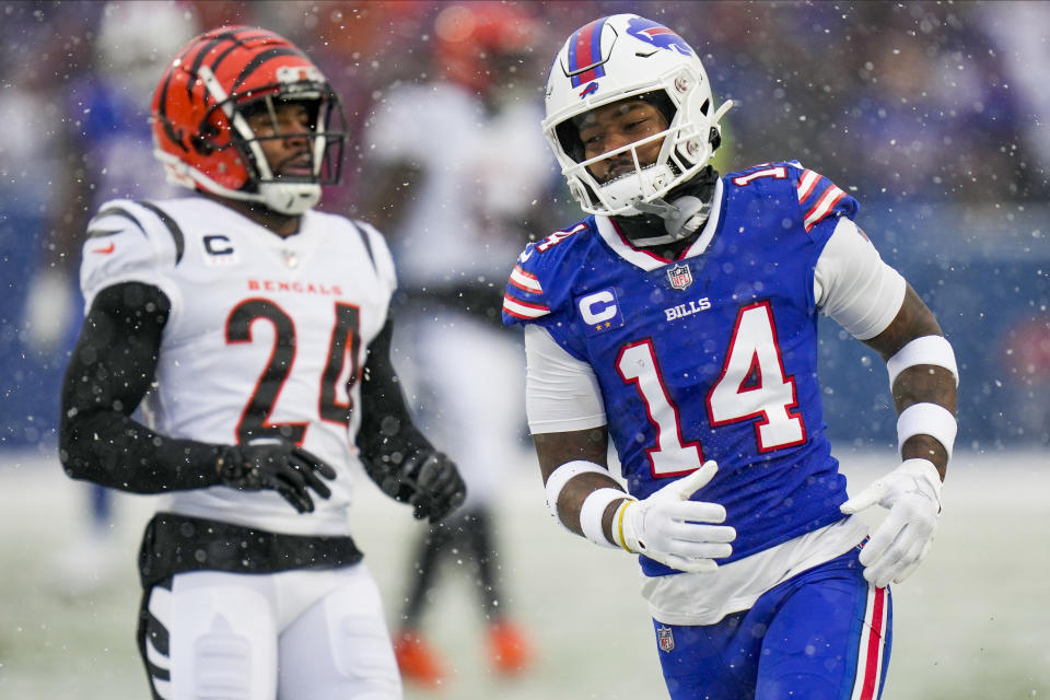 Buffalo Bills wide receiver Stefon Diggs (14) wasn't having a very good time in Sunday's divisional playoff loss to the Cincinnati Bengals in Orchard Park, N.Y. (AP Photo/Seth Wenig)