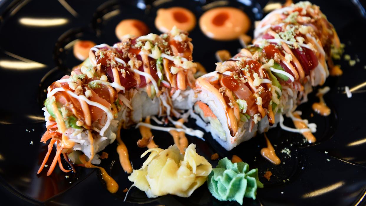 A freshly made sushi roll is displayed in the cafeteria of Virtua Voorhees Hospital.