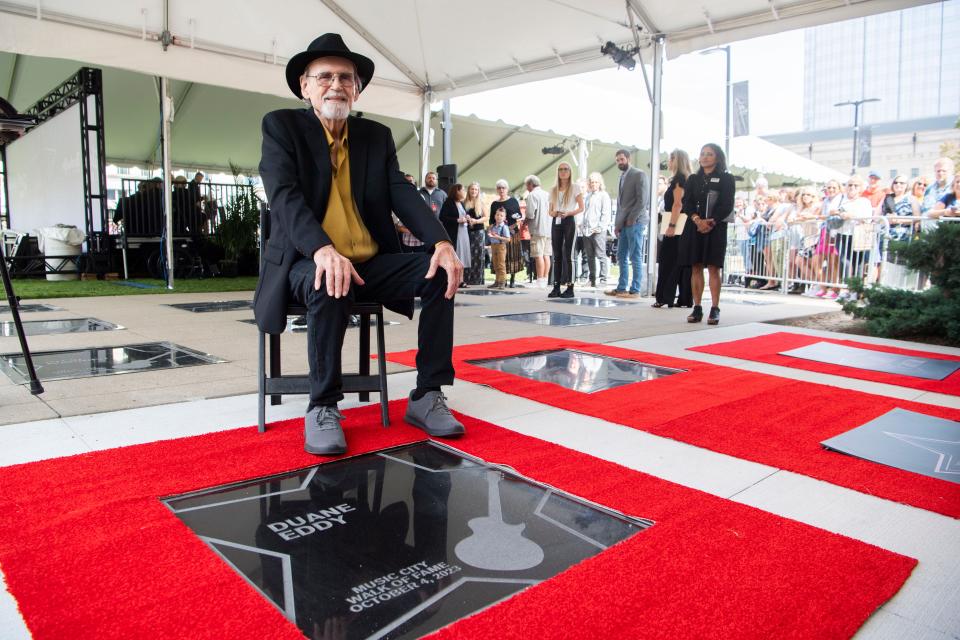 Rock and Roll guitarist Duane Eddy poses for a photo after his Walk of Fame star is unveiled during the Music City Walk of Fame Induction Ceremony in Nashville, Tenn., Wednesday, Oct. 4, 2023.