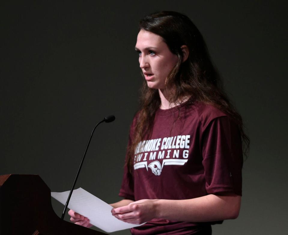 Lily Mullens, a 2021 Hoover High School graduate and a captain of the Roanoke College women's swim team, in an Oct. 5 press conference in Salem, Virginia, spoke in opposition to allowing people transitioning from male to female to compete against women in athletics.