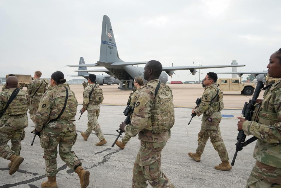 Texas Army National Guard troops deploy from Austin-Bergstrom International Airport on Monday May 8, 2023, to secure the Texas-Mexico border in anticipation of the end of Title 42 later this week.