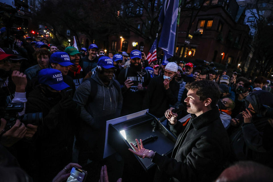 Nick Fuentes speaks as America First protesters are gathered in front of the Gracie Mansion to protest vaccination mandates in New York City on Nov. 13, 2021.  (Tayfun Coskun / Anadolu Agency via Getty Images file)