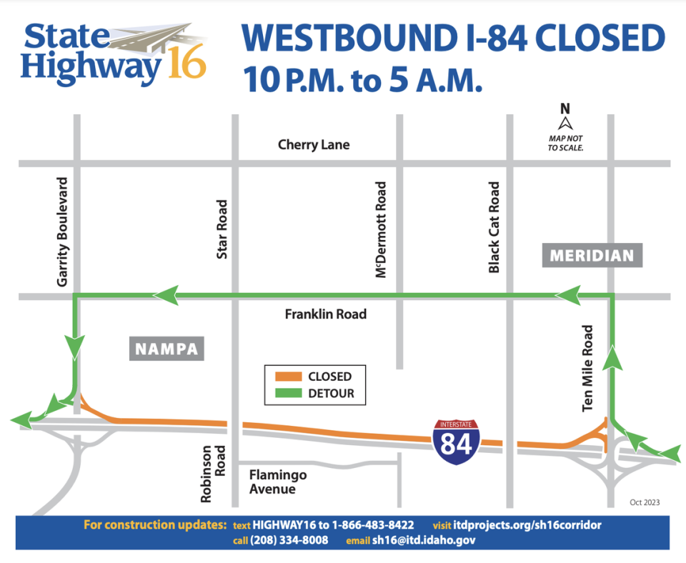 Westbound lanes along I-84 between Garrity Boulevard and Ten Mile Road on I-84 will be closed between 10 p.m. and 5 a.m. beginning Wednesday.