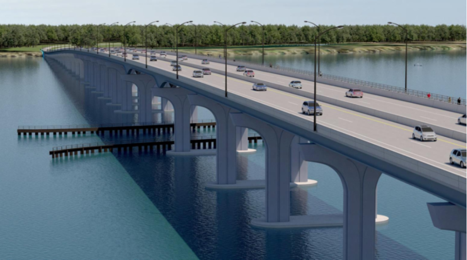 A rendering shows the new four-lane bridge that will cross the St. Johns River as part of the First Coast Expressway linking Clay and St. Johns counties. The bridge is slated to open to traffic in 2030.
