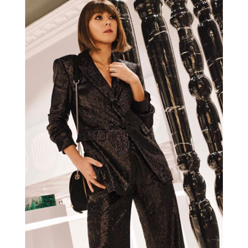 Jenny Cipoletti In The Rixey Fluid Sequin Blazer And Maida Wide-Leg Fluid Sequin Pants