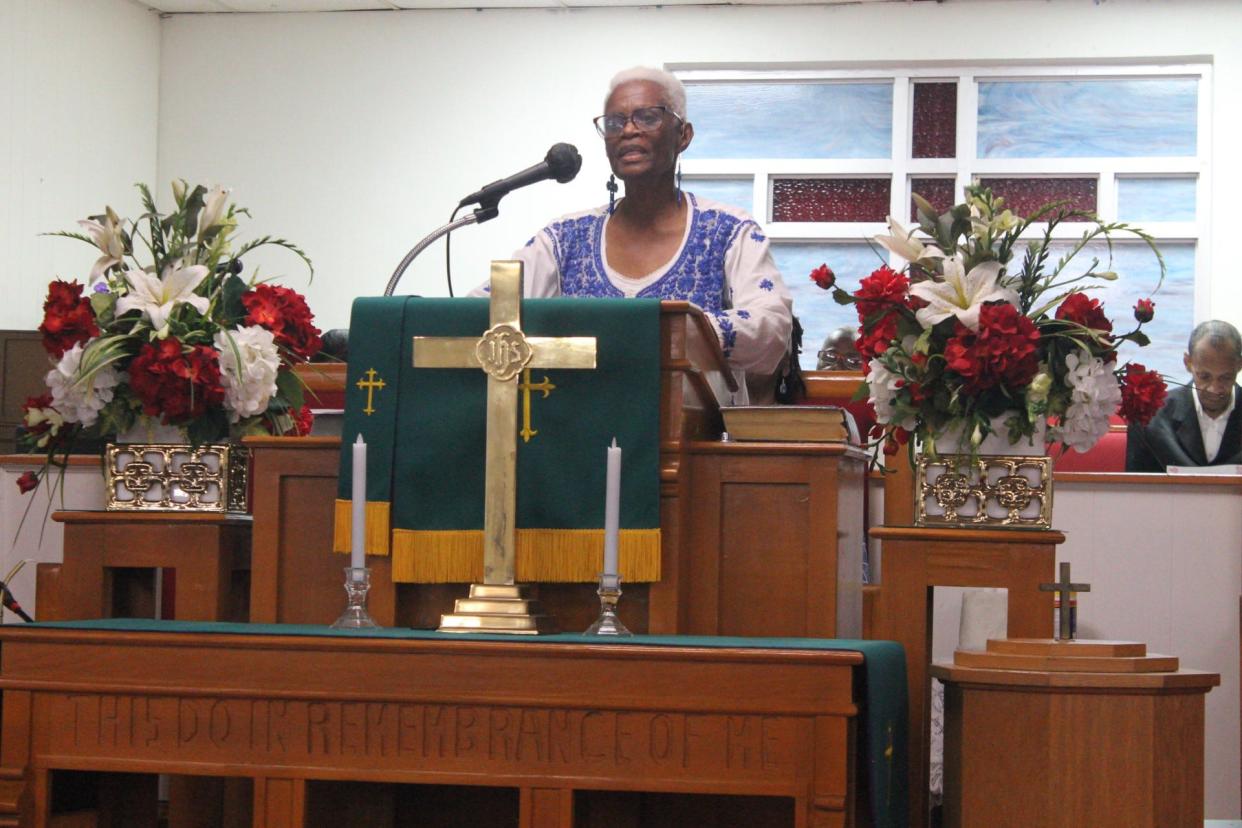 Cynthia Mingo, president of the Susie Long Women's Missionary Society at Mount Olive AME Church in southeast Gainesville, speaks Sunday during a Black history program she helped organize at the church.
(Credit: Photo by Voleer Thomas, Correspondent)