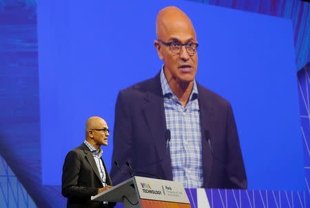 FILE PHOTO - Microsoft CEO Satya Nadella speaks during the opening of the Viva Tech start-up and technology summit in Paris, France, May 24, 2018. Michel Euler/Pool via Reuters